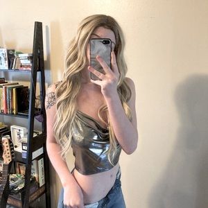 •shiny/metallic•silver•dark grey•black straps•swoop knock tank top•